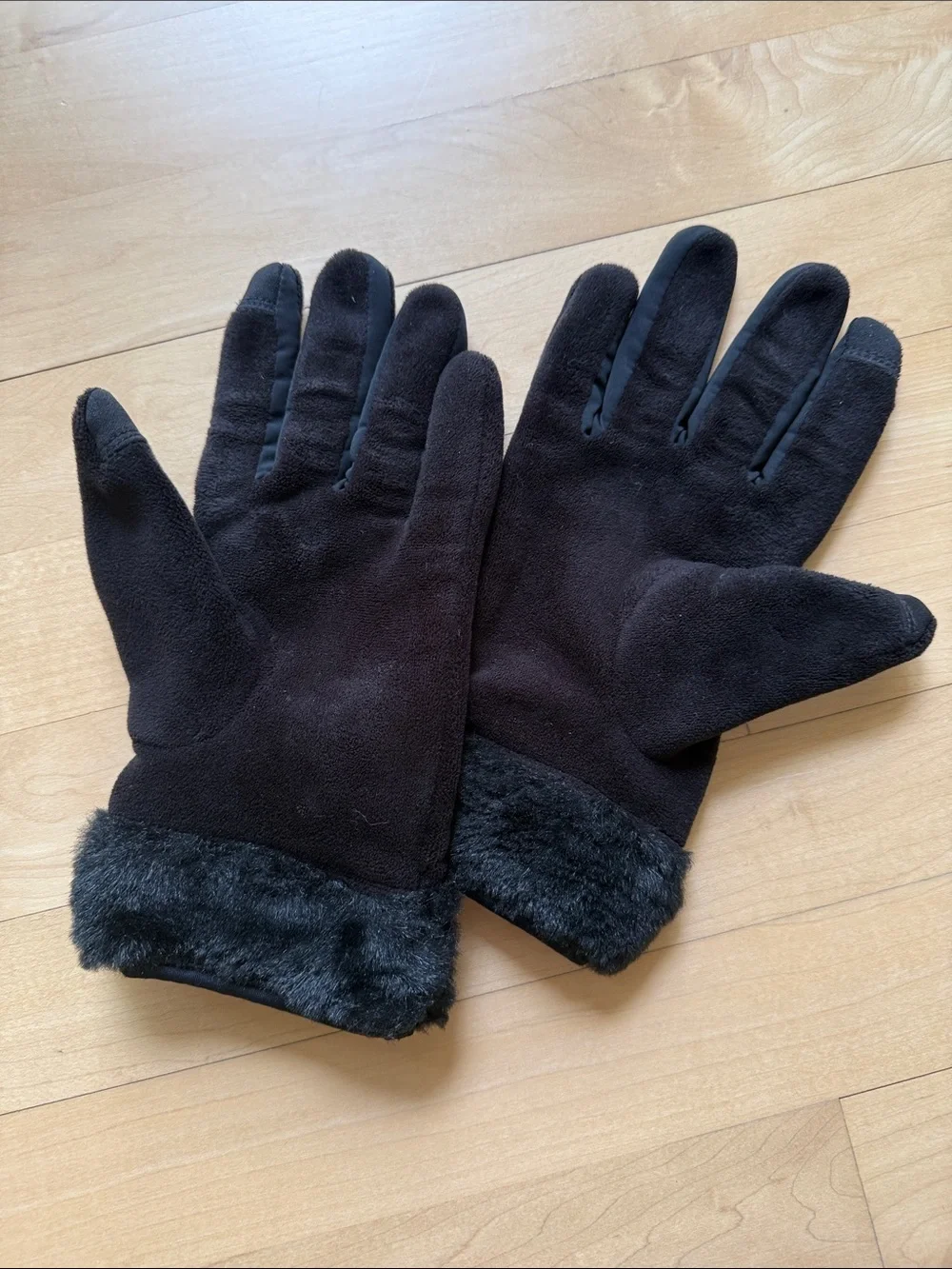 Women Black Faux-Fur Trim Winter Gloves